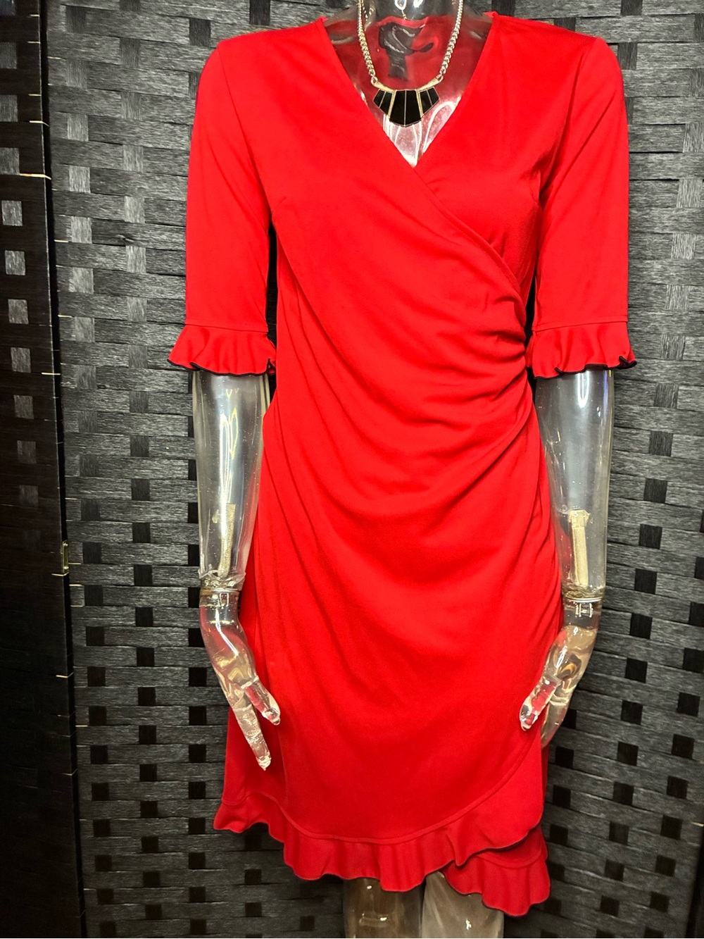 Express Red Wrap-Style Midi Dress with Ruffle Trim